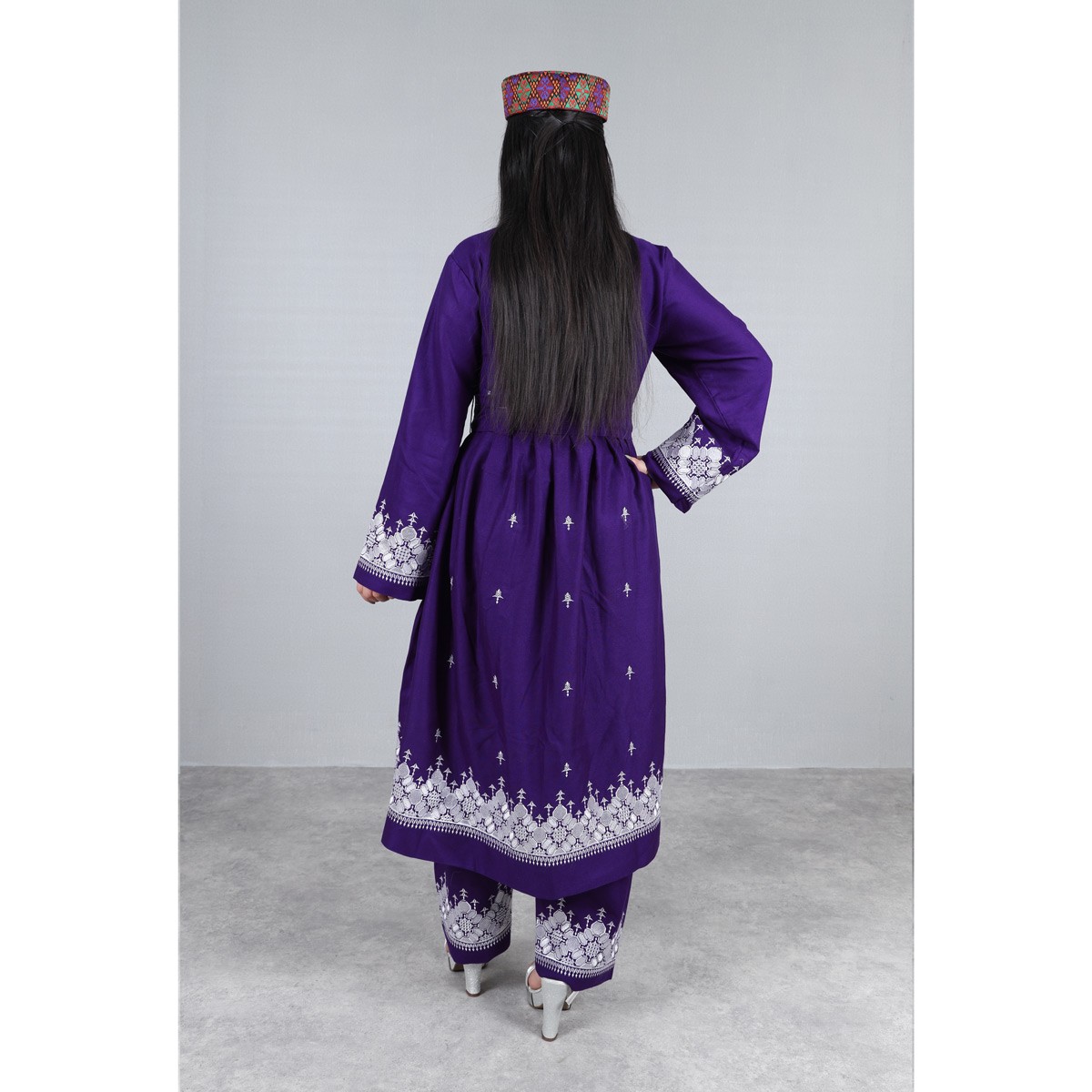 Purple Simple Hazaragi Embroidered Dress | Shaal Shari Dress With Jewelry & Hat 6