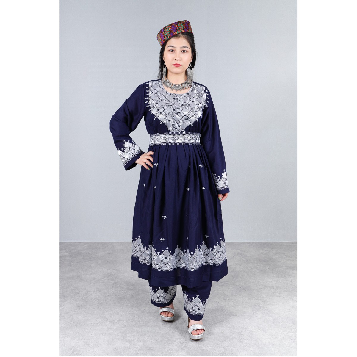 Navy Blue Hazaragi Embroidered Dress | Shaal Shari Dress With Jewelry & Hat 2