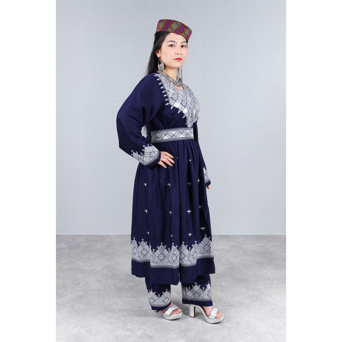 Navy Blue Hazaragi Embroidered Dress | Shaal Shari Dress With Jewelry & Hat 3