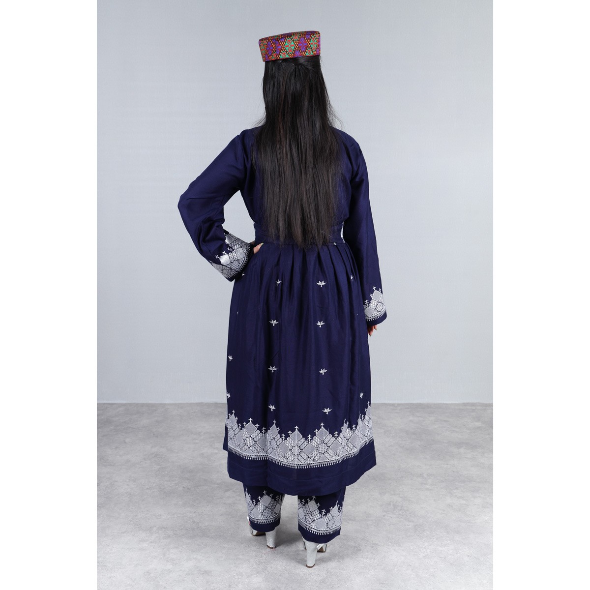 Navy Blue Hazaragi Embroidered Dress | Shaal Shari Dress With Jewelry & Hat 6