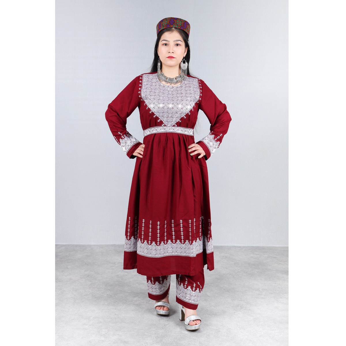 Maroon Red Hazaragi Embroidered Dress | Shaal Shari Dress With Jewelry & Hat 1