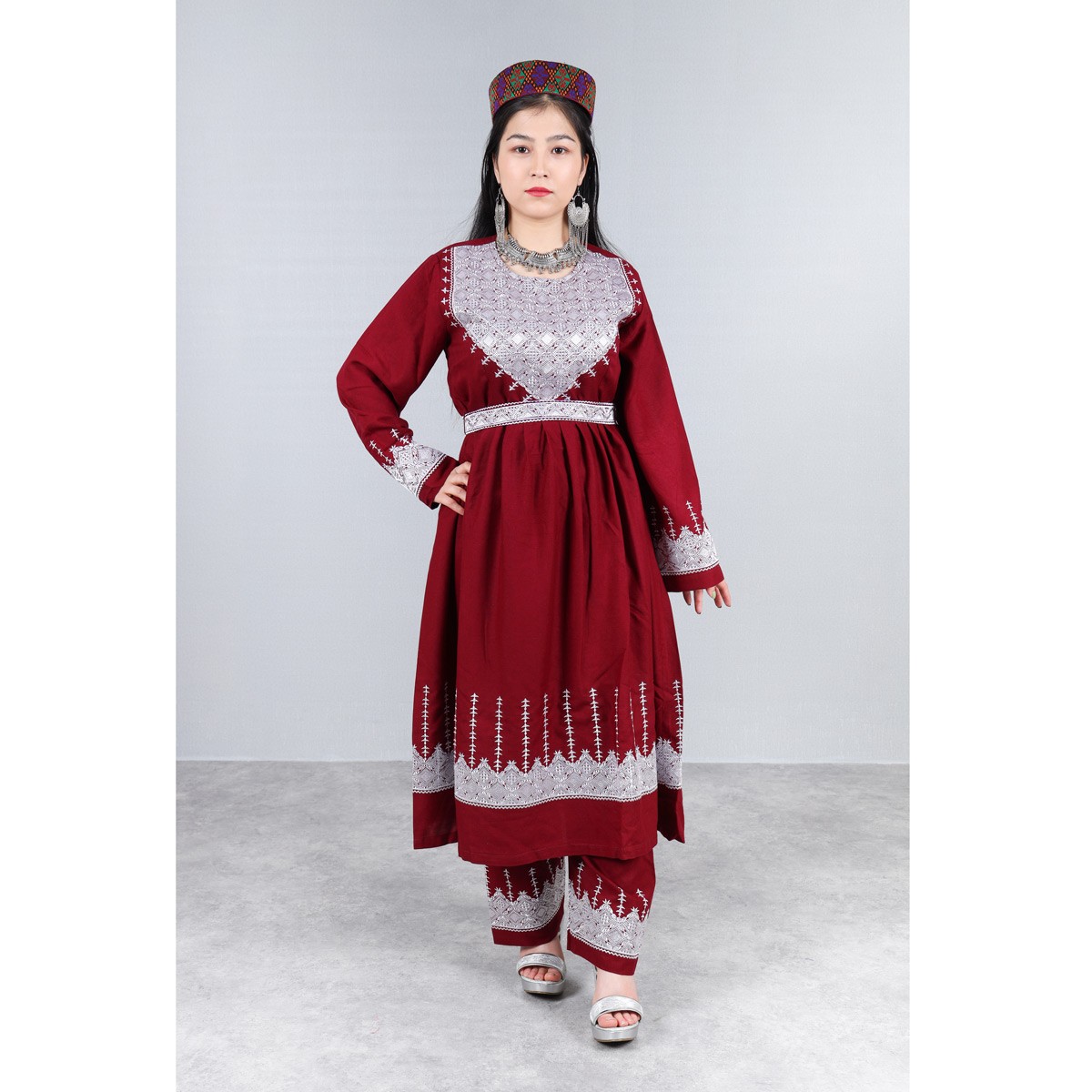 Maroon Red Hazaragi Embroidered Dress | Shaal Shari Dress With Jewelry & Hat 2