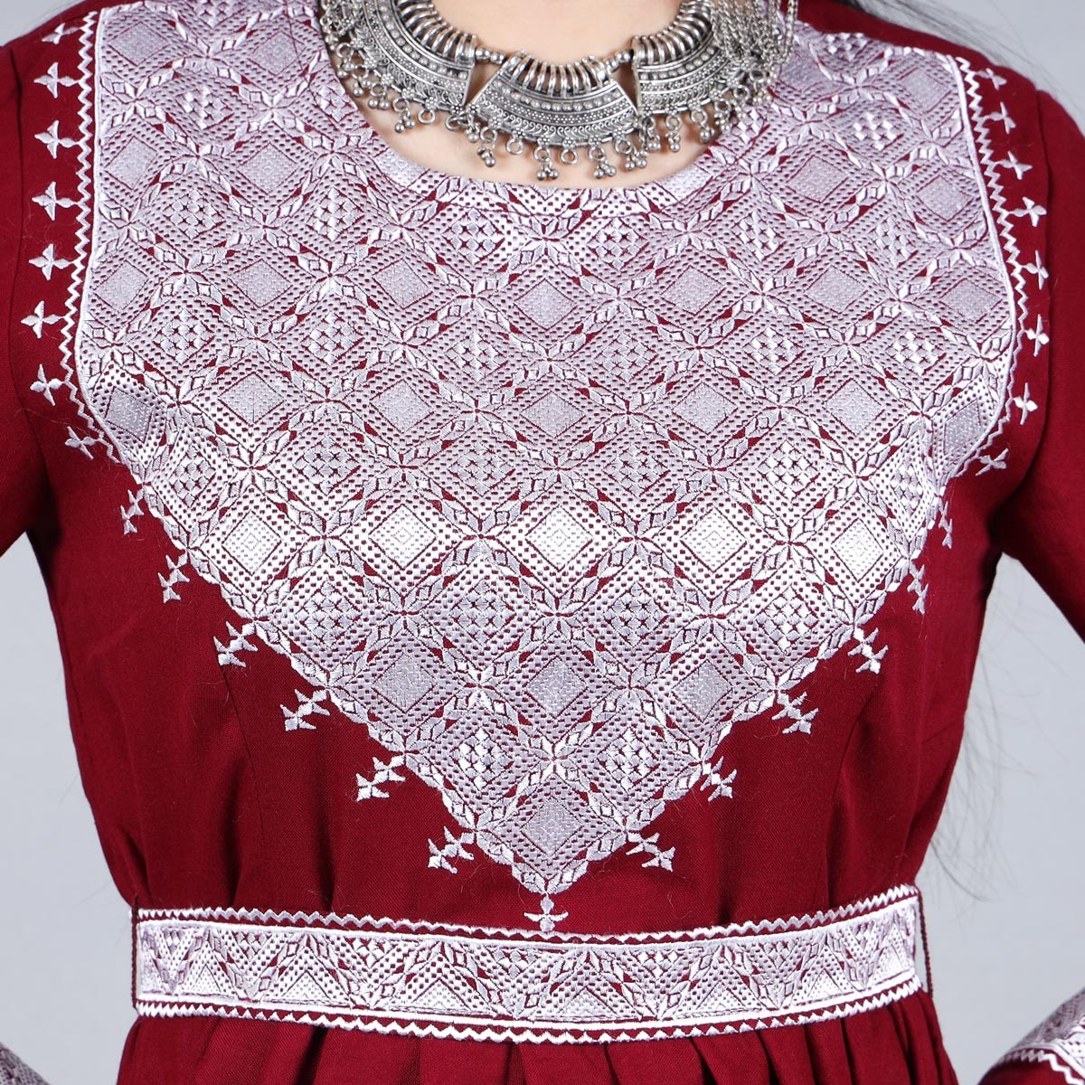 Maroon Red Hazaragi Embroidered Dress | Shaal Shari Dress With Jewelry & Hat 3