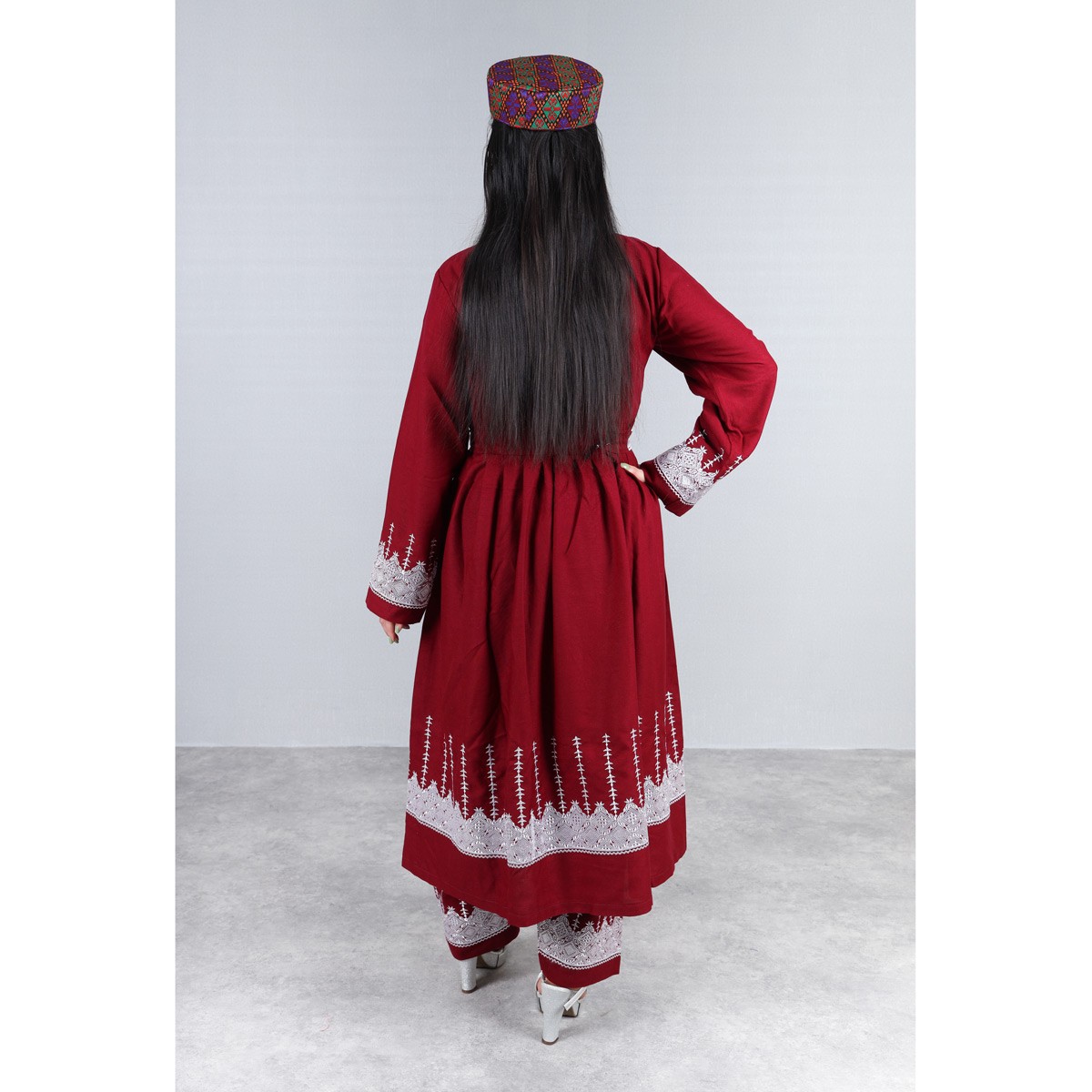 Maroon Red Hazaragi Embroidered Dress | Shaal Shari Dress With Jewelry & Hat 5