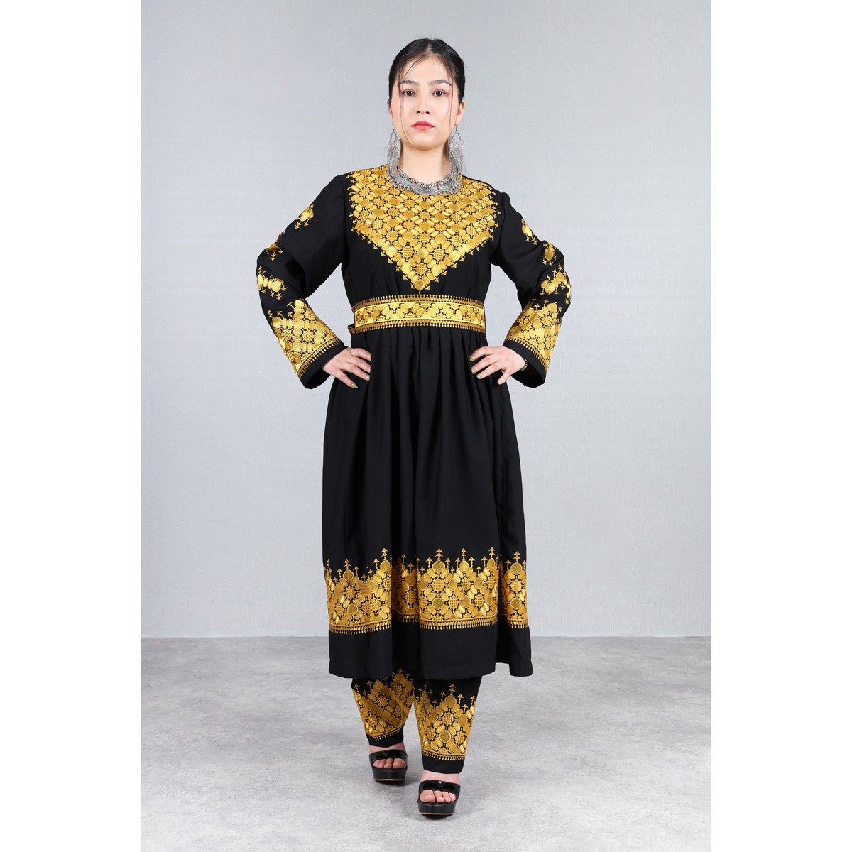 Black Hazaragi Embroidered Dress Set | Simple Afghan Dress With Jewelry, Hat & Shawl 1