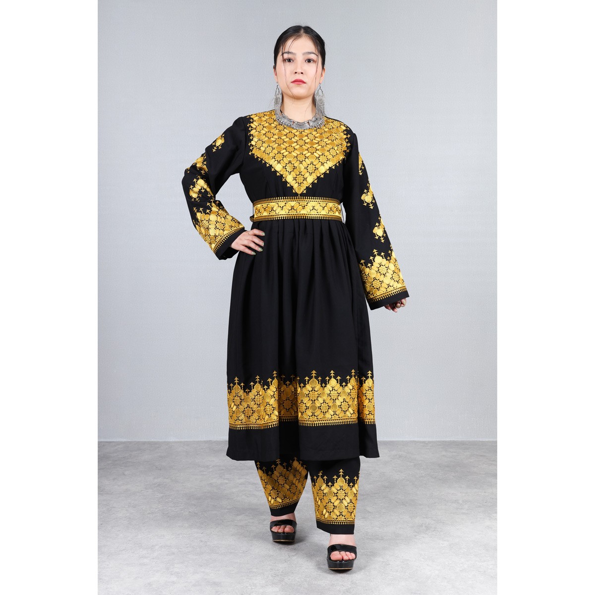 Black Hazaragi Embroidered Dress Set | Simple Afghan Dress With Jewelry, Hat & Shawl 2