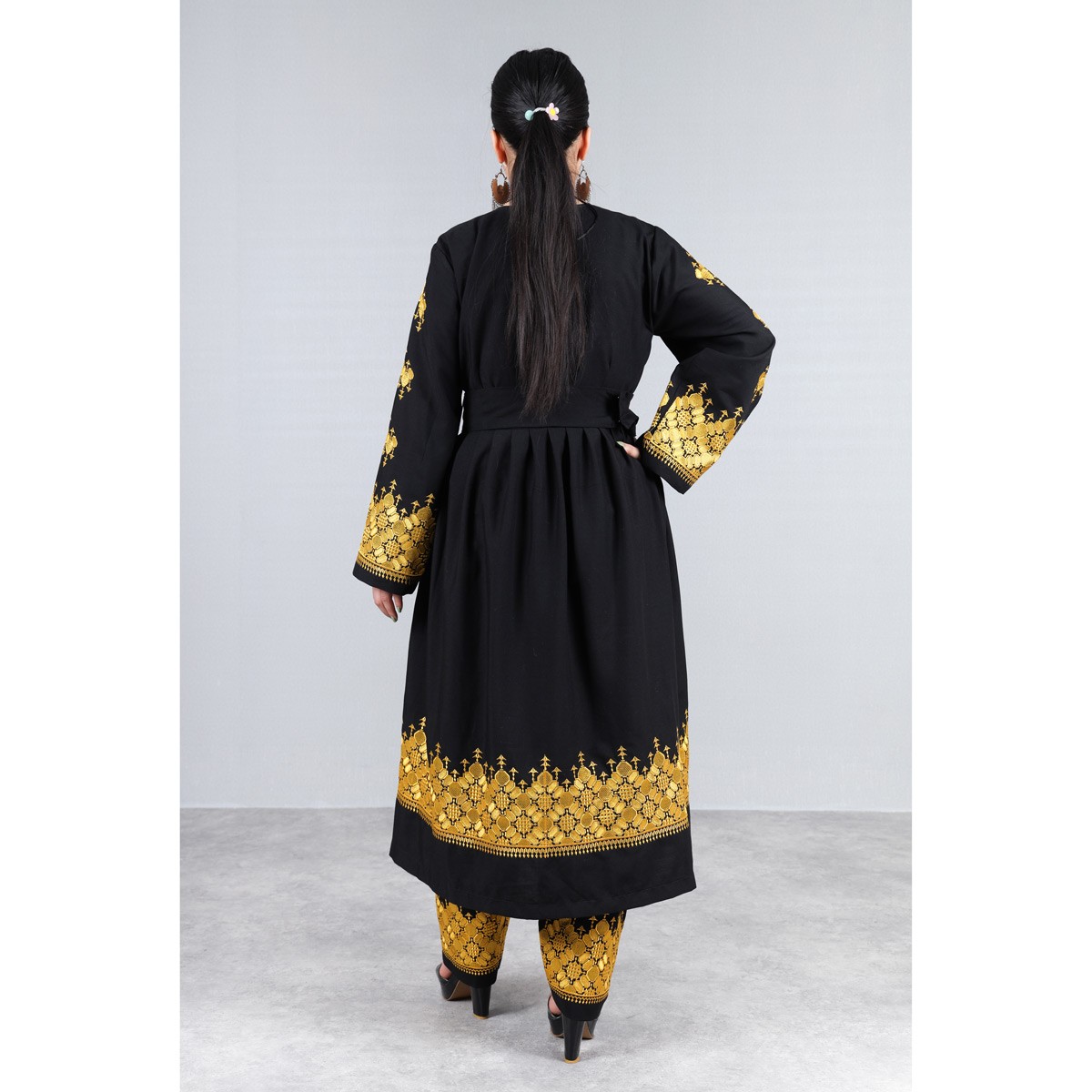 Black Hazaragi Embroidered Dress Set | Simple Afghan Dress With Jewelry, Hat & Shawl 5