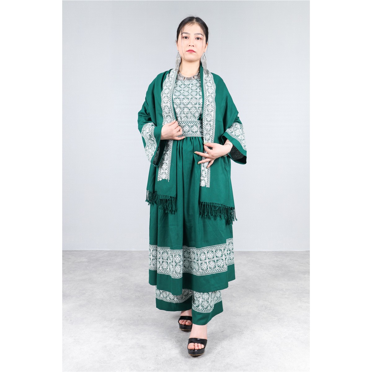 Pine Green Hazaragi Embroidered Dress | Shaal Shari Dress 1