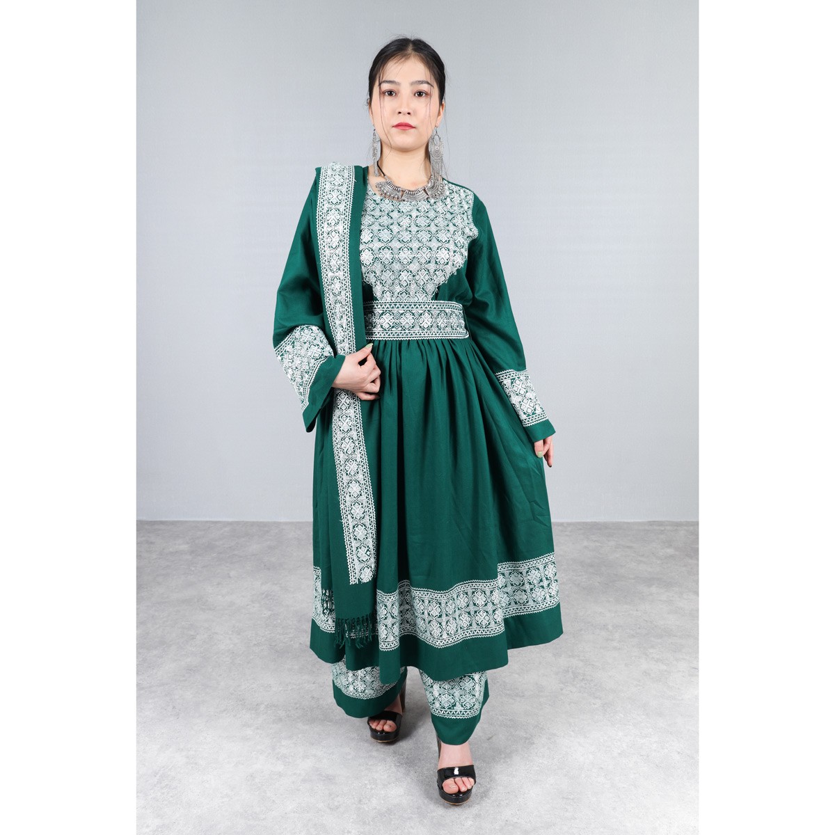 Pine Green Hazaragi Embroidered Dress | Shaal Shari Dress 2
