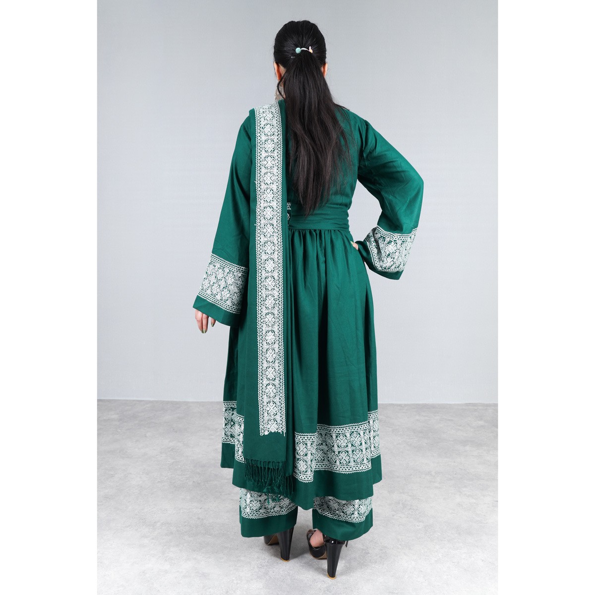 Pine Green Hazaragi Embroidered Dress | Shaal Shari Dress 5