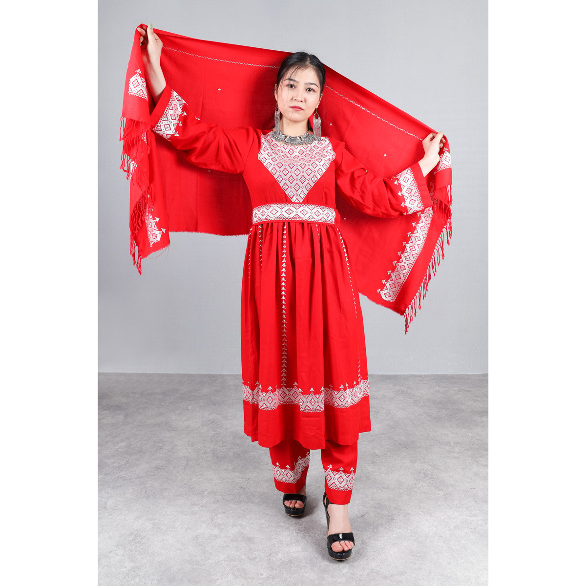 Red Hazaragi Embroidered Dress | Shaal Shari Dress With Jewelry, Shawl & Hat 1