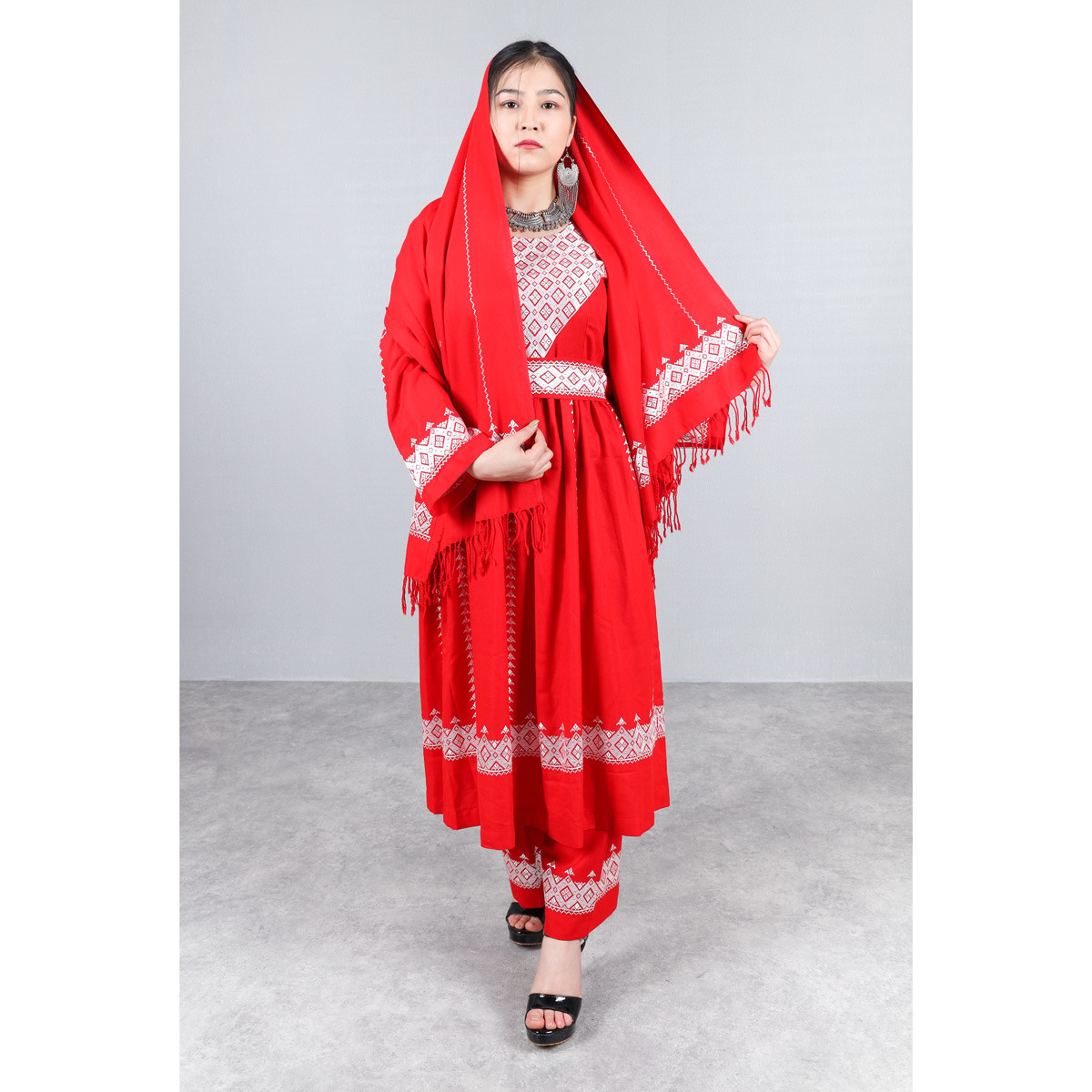 Red Hazaragi Embroidered Dress | Shaal Shari Dress With Jewelry, Shawl & Hat 2