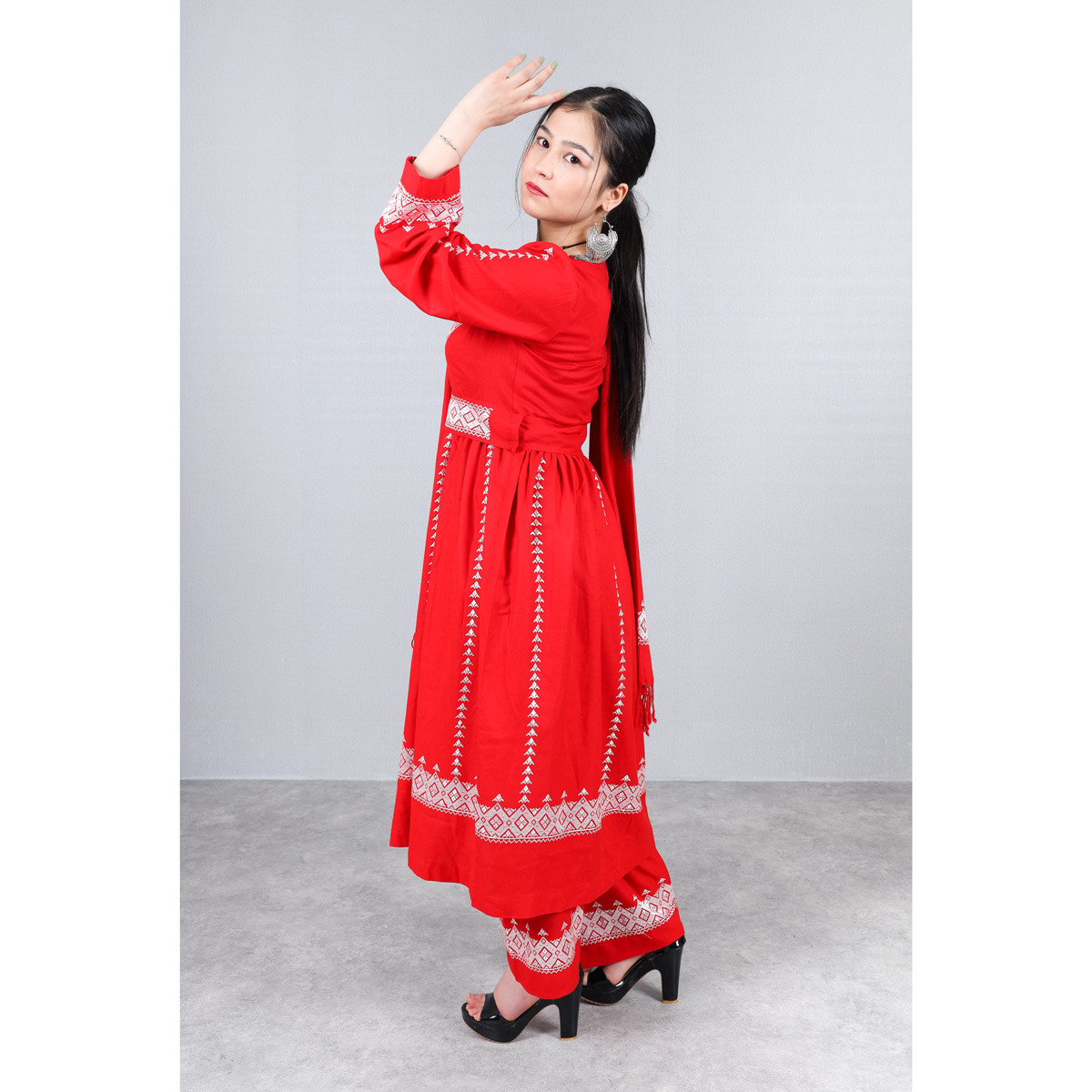 Red Hazaragi Embroidered Dress | Shaal Shari Dress With Jewelry, Shawl & Hat 3