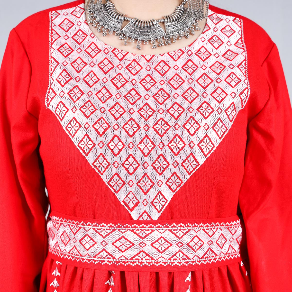 Red Hazaragi Embroidered Dress | Shaal Shari Dress With Jewelry, Shawl & Hat 4