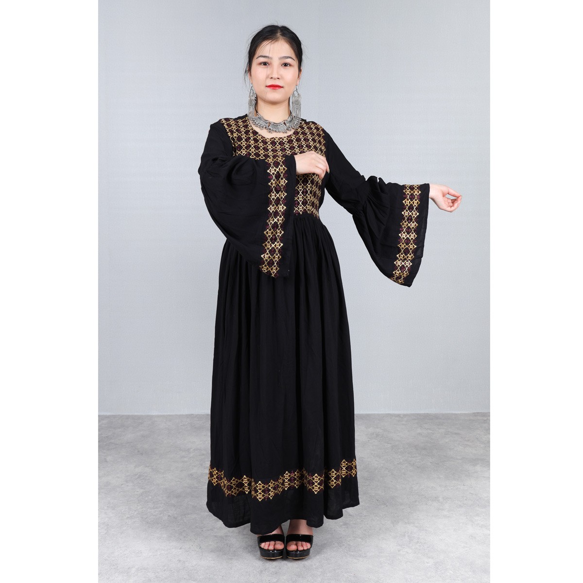 Linen Hand Embroidered Hazaragi Dress With Jewelry, Shawl & Hat | Black Simple Long Dress With Bell Sleeves 1