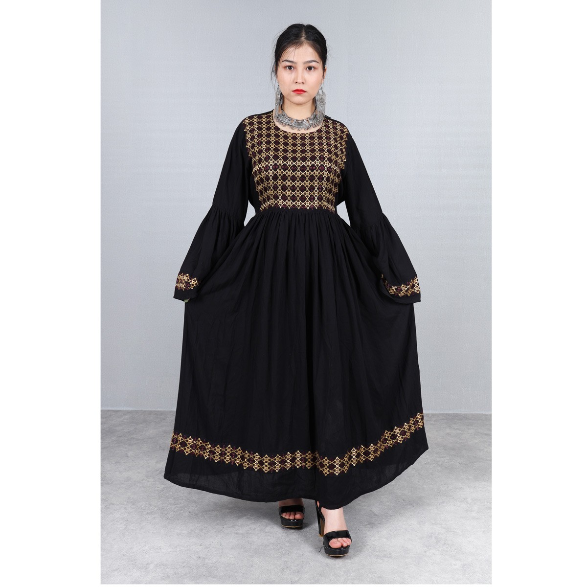 Linen Hand Embroidered Hazaragi Dress With Jewelry, Shawl & Hat | Black Simple Long Dress With Bell Sleeves 2