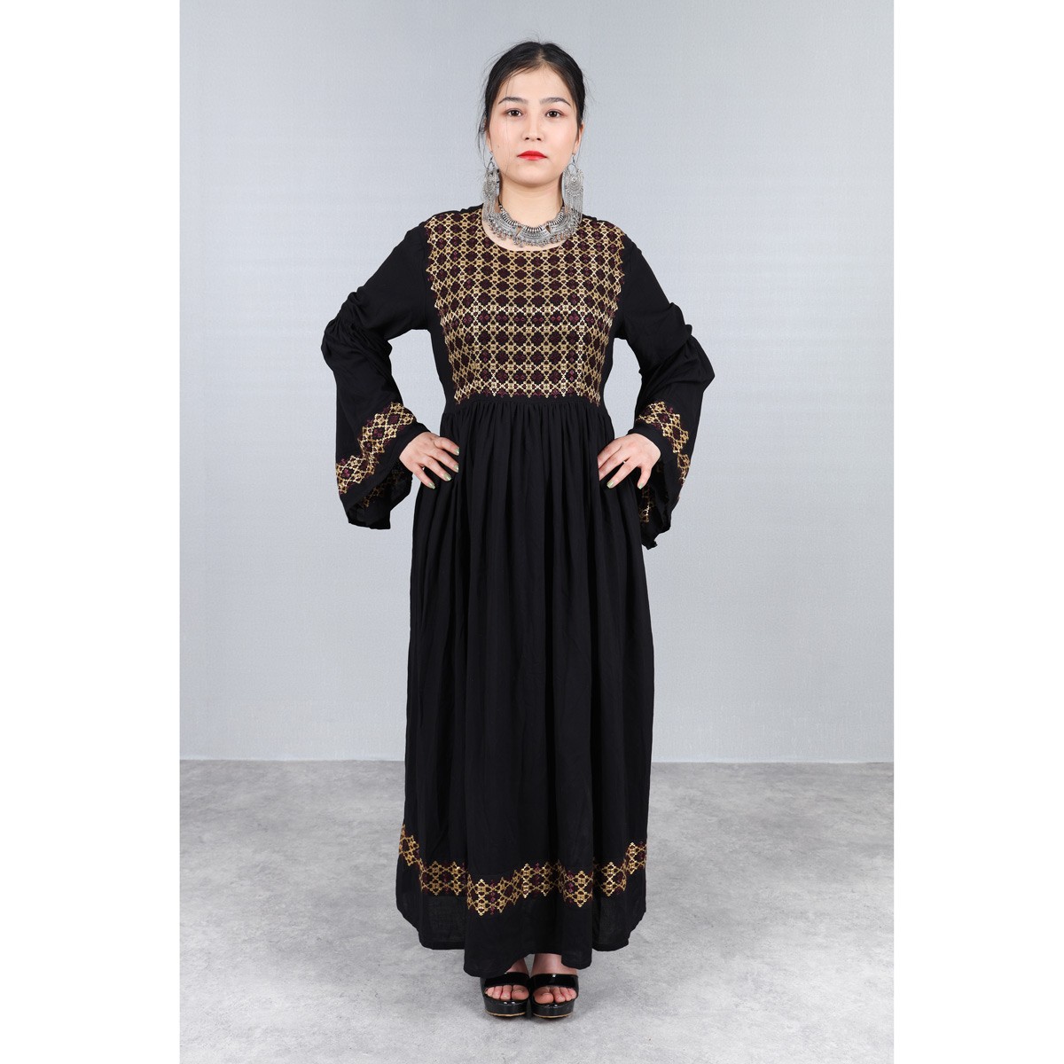 Linen Hand Embroidered Hazaragi Dress With Jewelry, Shawl & Hat | Black Simple Long Dress With Bell Sleeves 3