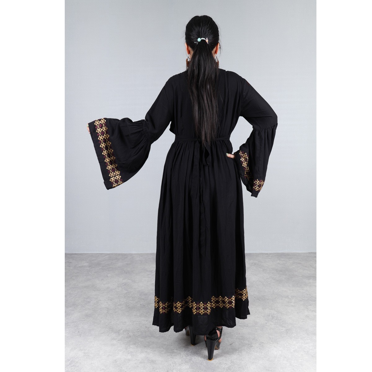 Linen Hand Embroidered Hazaragi Dress With Jewelry, Shawl & Hat | Black Simple Long Dress With Bell Sleeves 6