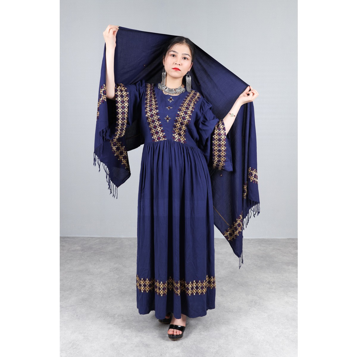 3-Piece Linen Hand Embroidered Hazaragi Dress With Jewelry | Denim Blue Simple Long Dress 1