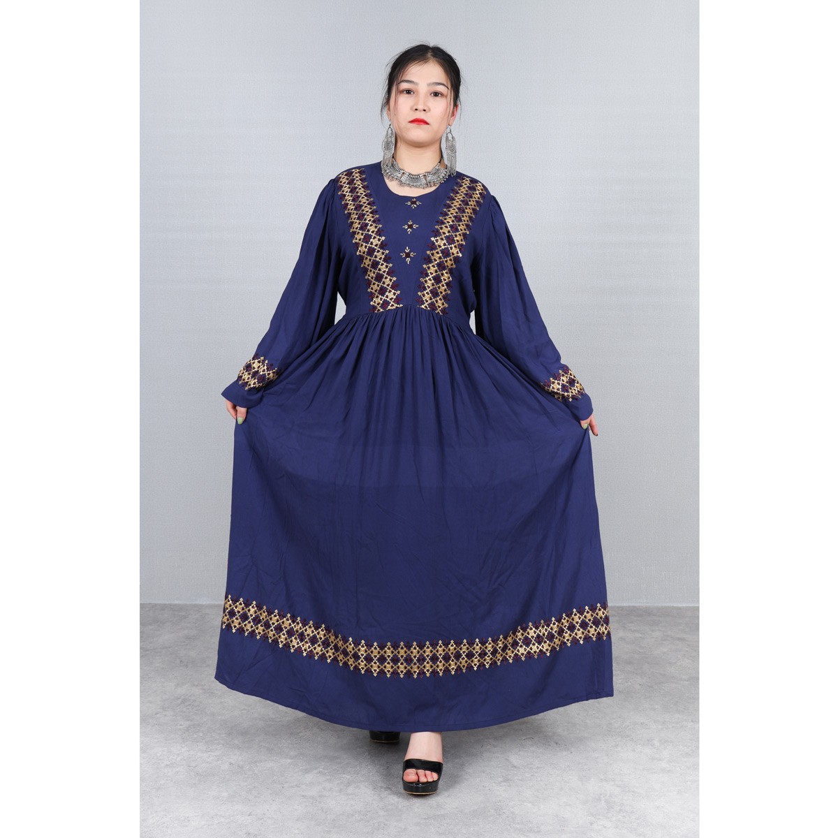 3-Piece Linen Hand Embroidered Hazaragi Dress With Jewelry | Denim Blue Simple Long Dress 2