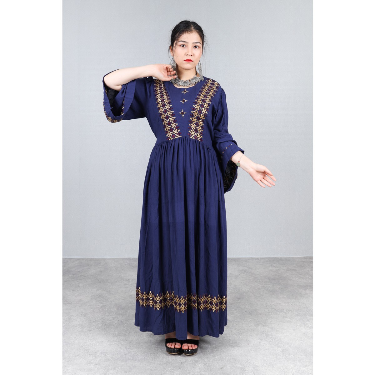 3-Piece Linen Hand Embroidered Hazaragi Dress With Jewelry | Denim Blue Simple Long Dress 3