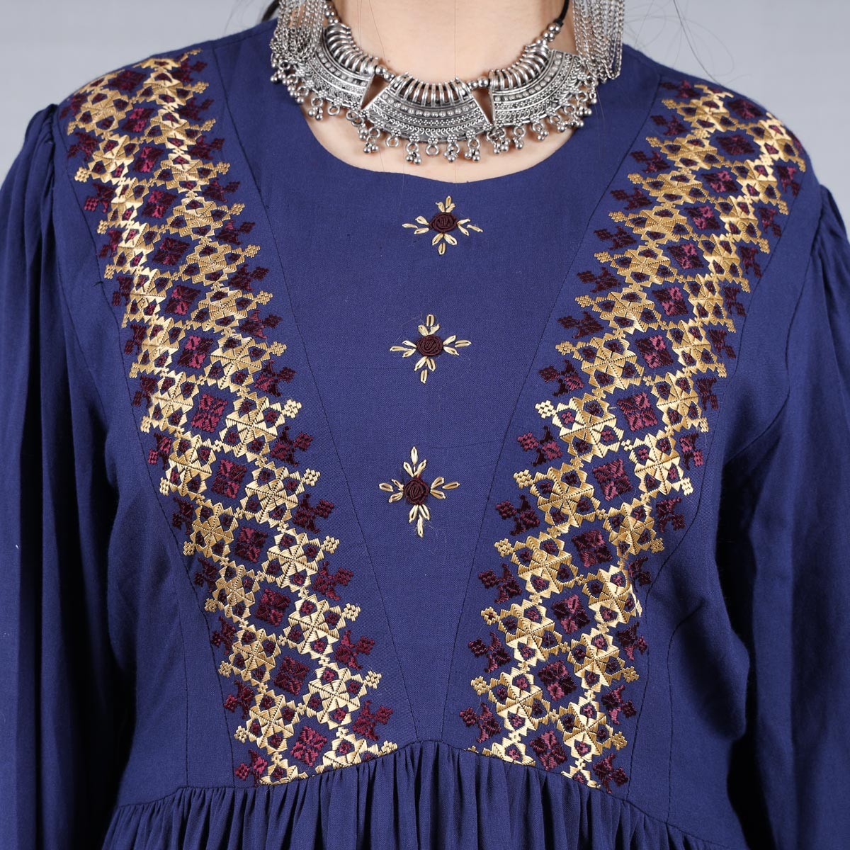 3-Piece Linen Hand Embroidered Hazaragi Dress With Jewelry | Denim Blue Simple Long Dress 4