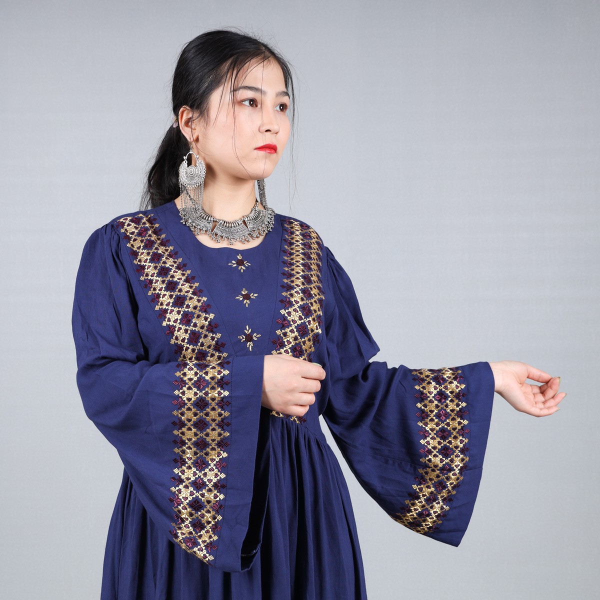 3-Piece Linen Hand Embroidered Hazaragi Dress With Jewelry | Denim Blue Simple Long Dress 5