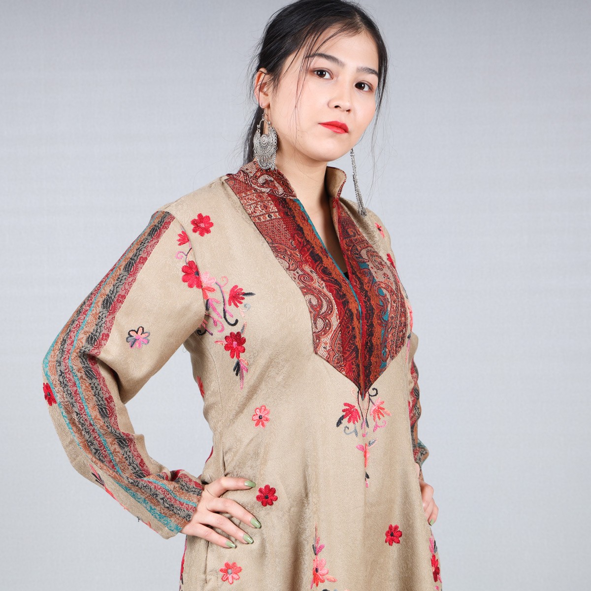 All-Over Floral Embroidered Dress | Brown Winter Wear Shawl Dress 3