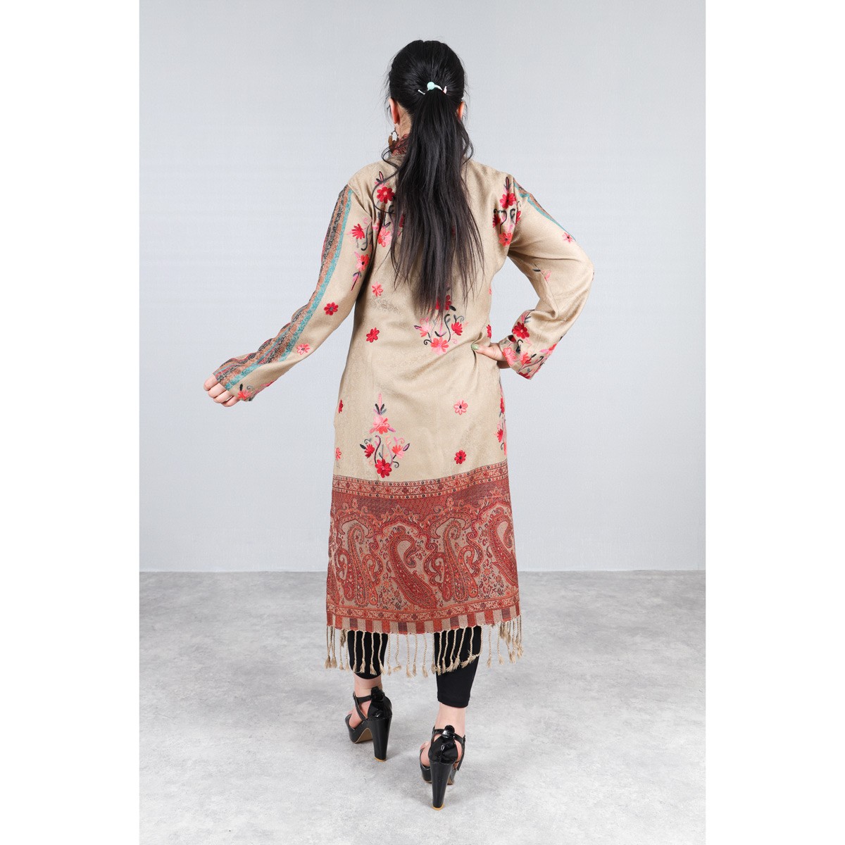 All-Over Floral Embroidered Dress | Brown Winter Wear Shawl Dress 4