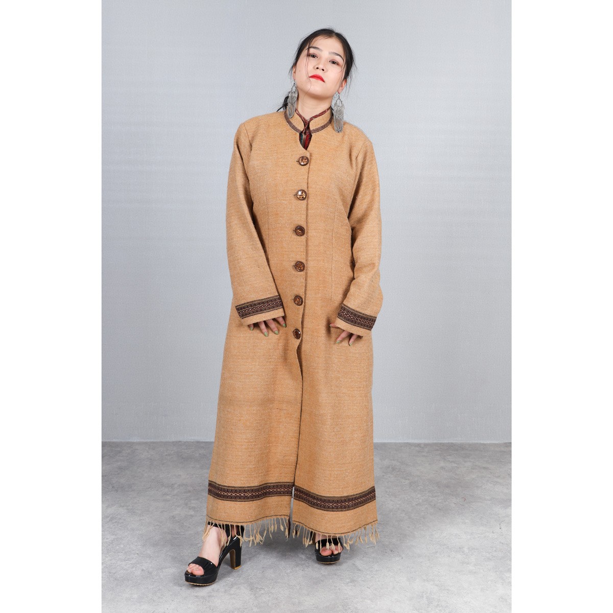 Brown Woolen Embroidered Coat | Long Women's Coat 1