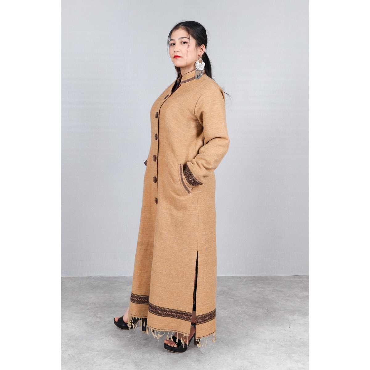 Brown Woolen Embroidered Coat | Long Women's Coat 2