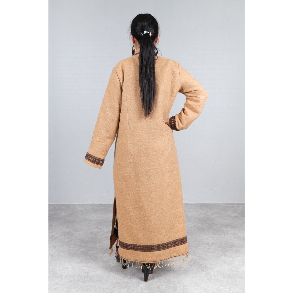 Brown Woolen Embroidered Coat | Long Women's Coat 4