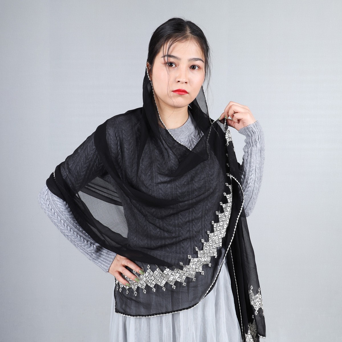 Black Hand Embroidered Scarf 1