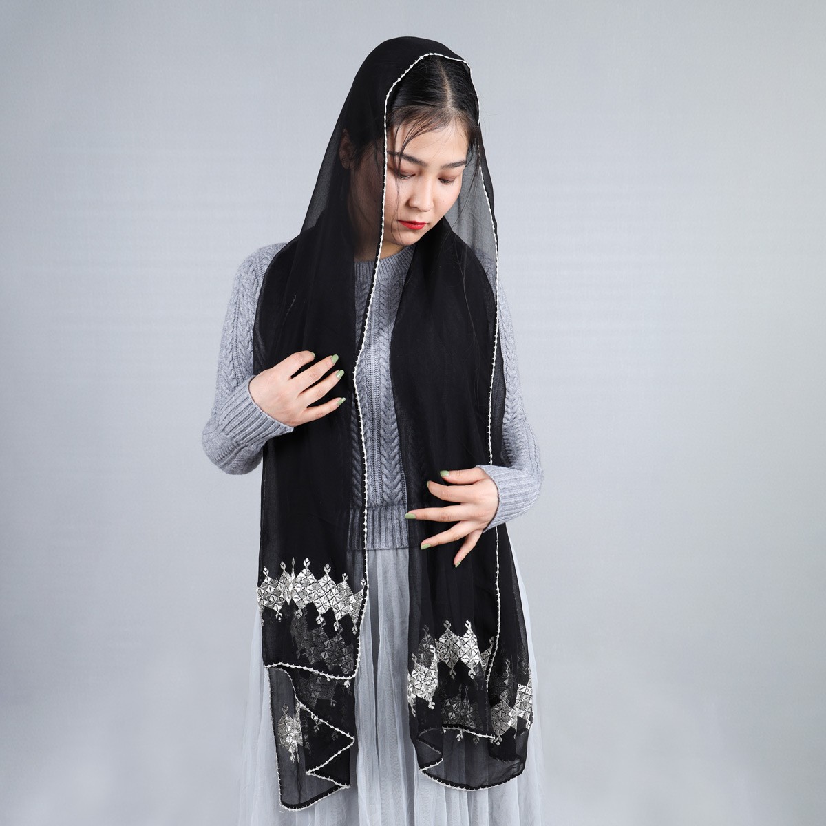 Black Hand Embroidered Scarf 3