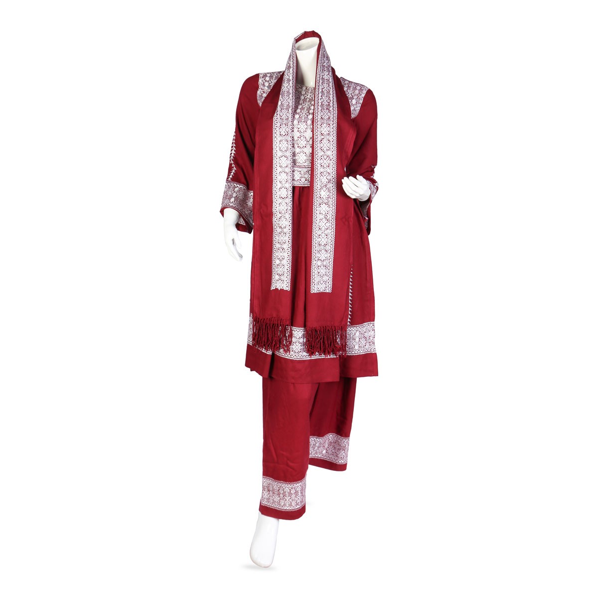 3 Piece Simple Afghan Cotton Suit | Red Traditional Dress with White Embroidery 1