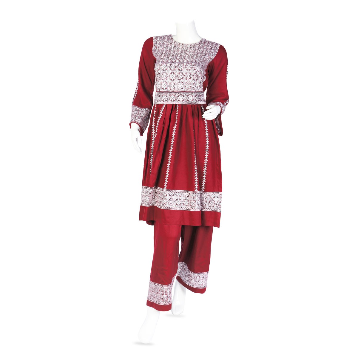 3 Piece Simple Afghan Cotton Suit | Red Traditional Dress with White Embroidery 2