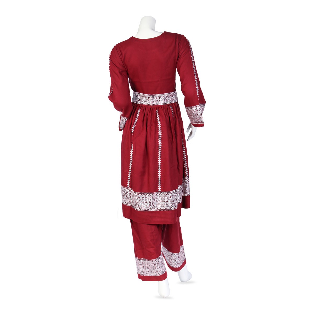 3 Piece Simple Afghan Cotton Suit | Red Traditional Dress with White Embroidery 6