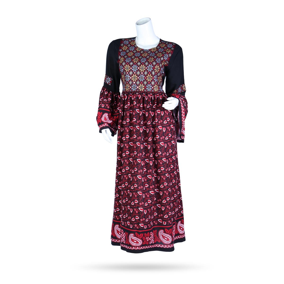 Gol-e-Seb Pleated Dress | Embroidered Bell Sleeve Long Maxi 1