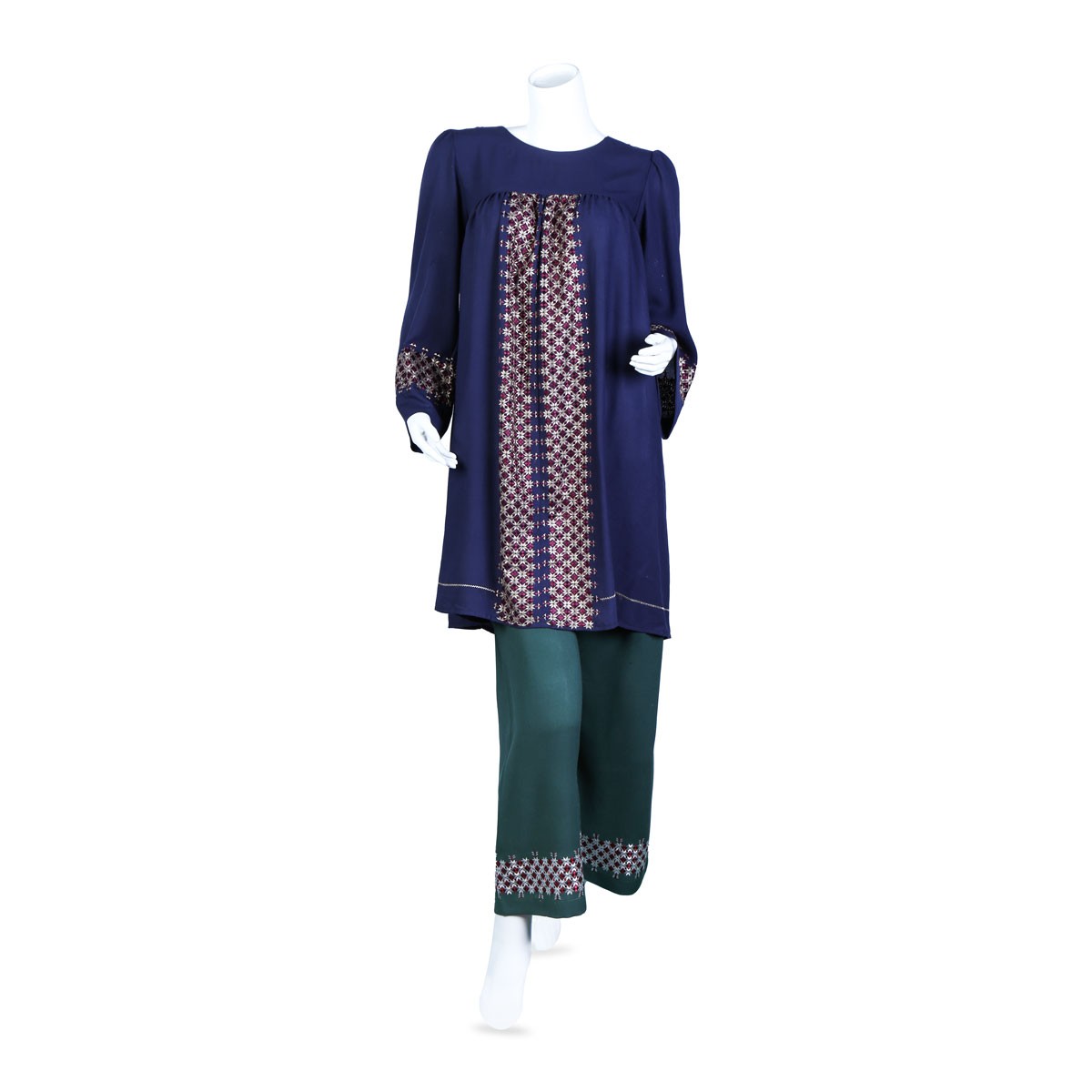 Blue Embroidered Dress With Trousers | 2 Piece Cotton Outwear 1