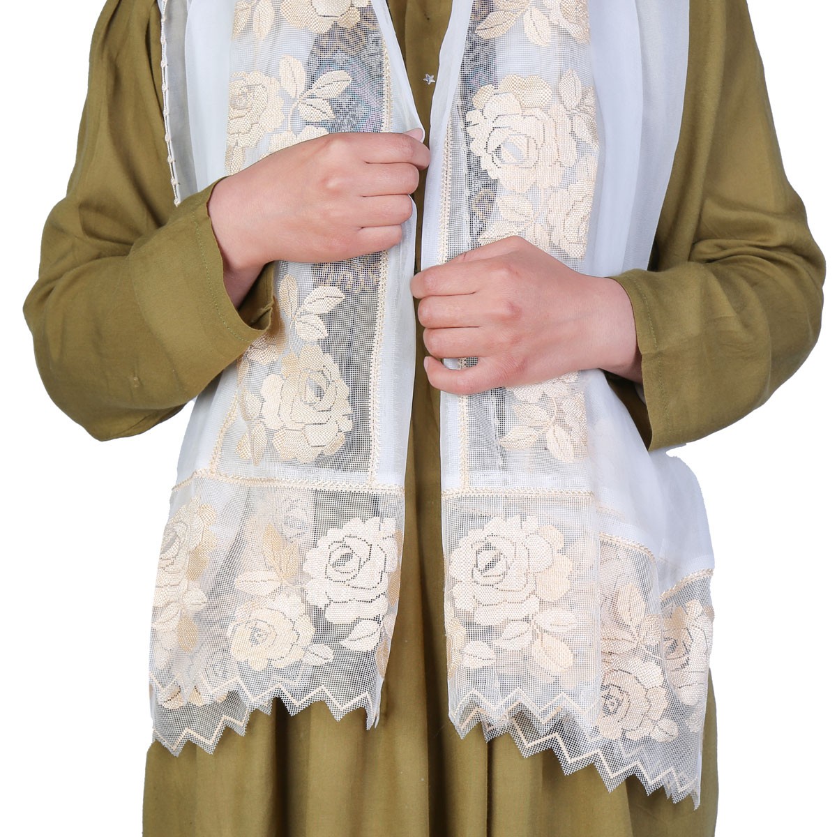 White Fancy Scarf | Party Wear Scarf With Lace Borders 2