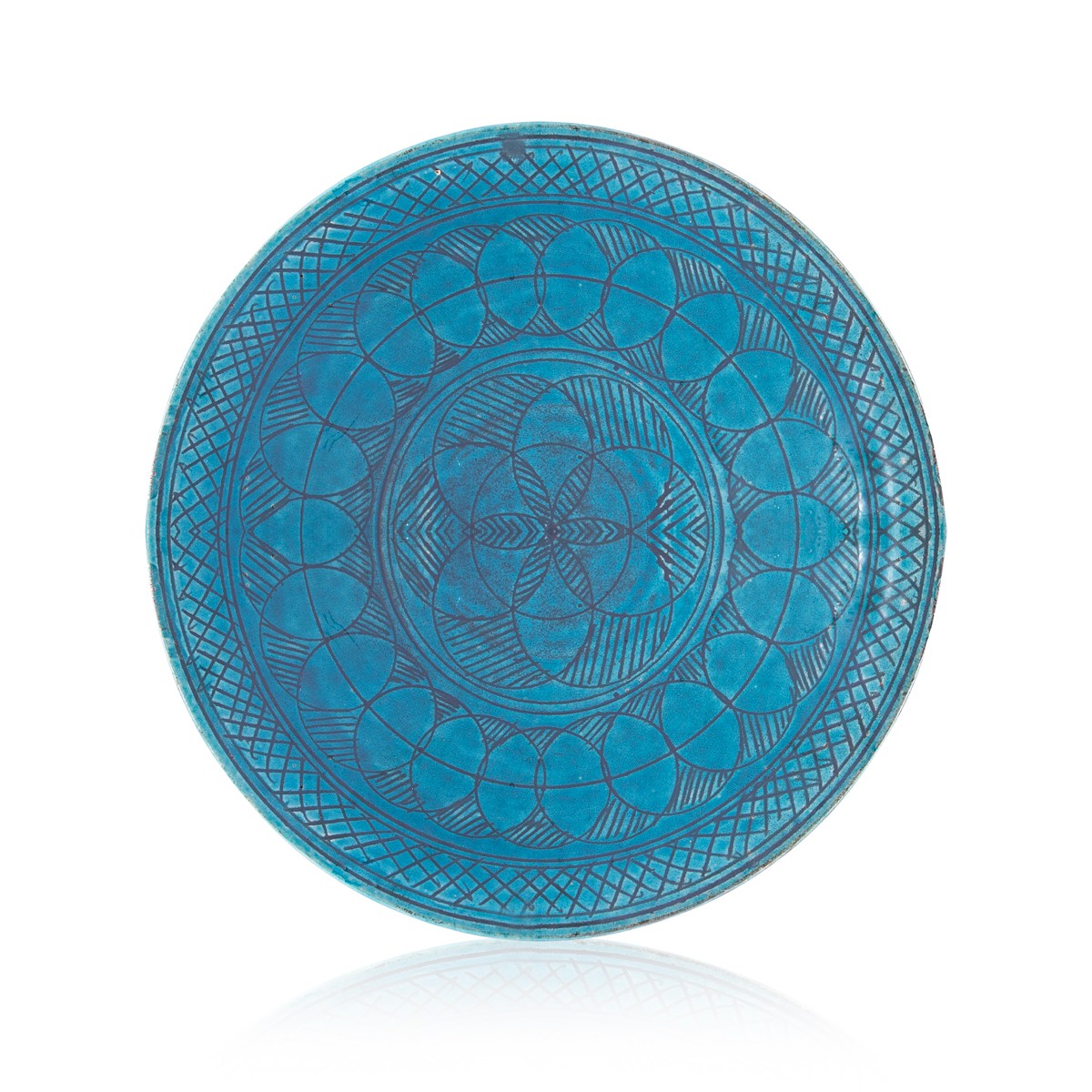 Three plate set Istalif Ceramic Large Footed Clay Turquoise Plate With Black Hand-Design 2