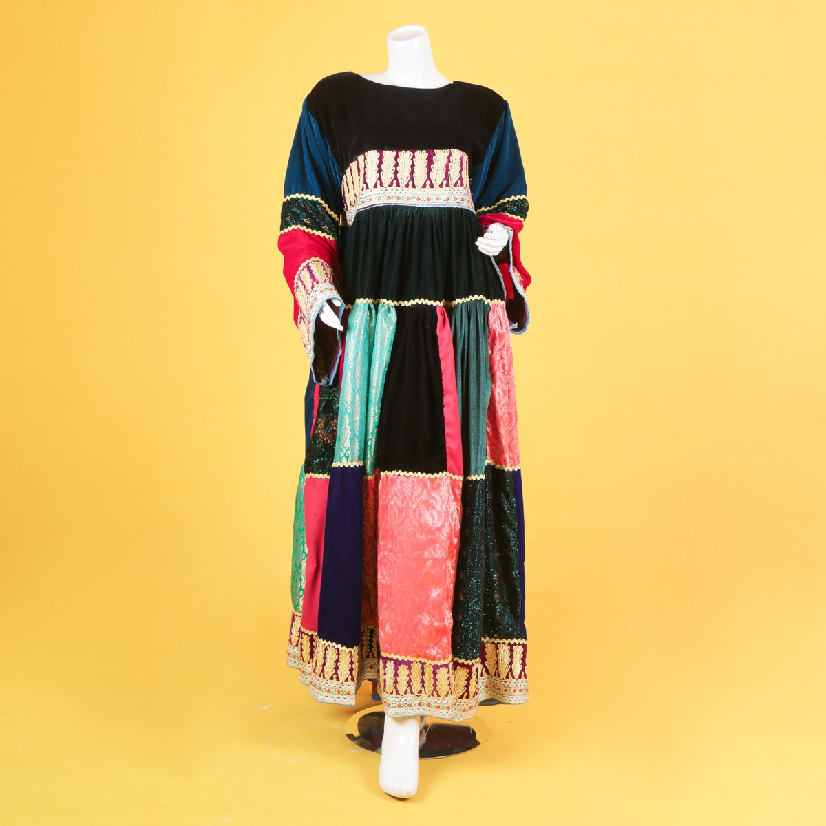 Black Velvet Pleated Frock | Balloon Sleeve Patchwork Maxi 1