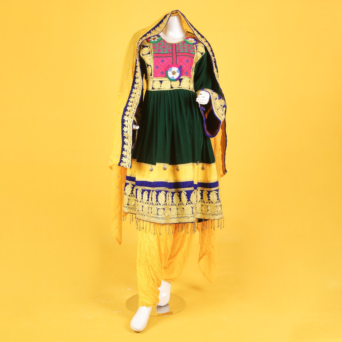 Green Pleated 3-Piece Kuchi Gand e Afghani Traditional Dress 1