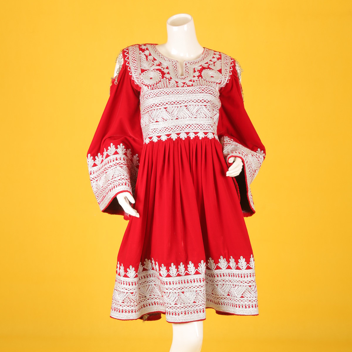 Red Silk Chemra Embroidered Frock | Open Sleeve Short Traditional Dress 1