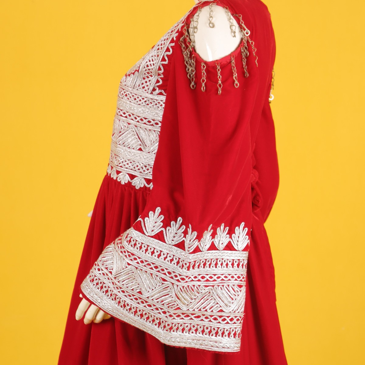 Red Silk Chemra Embroidered Frock | Open Sleeve Short Traditional Dress 2