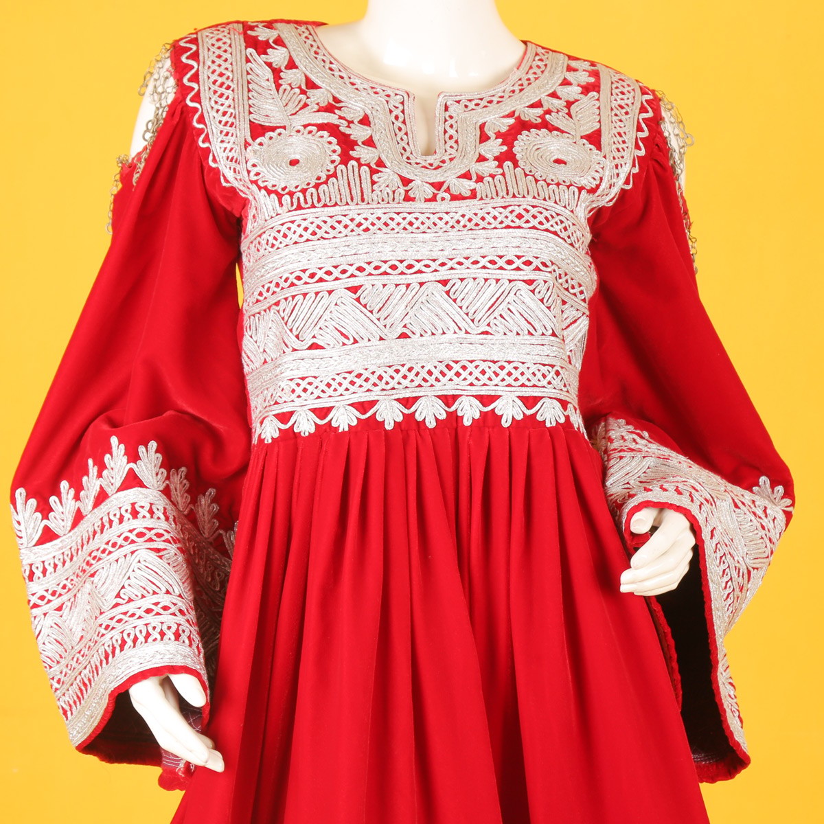 Red Silk Chemra Embroidered Frock | Open Sleeve Short Traditional Dress 3