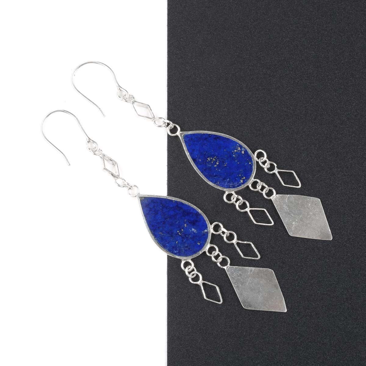 Lapis Stone Cluster Earrings | Silver Hook Earrings 2