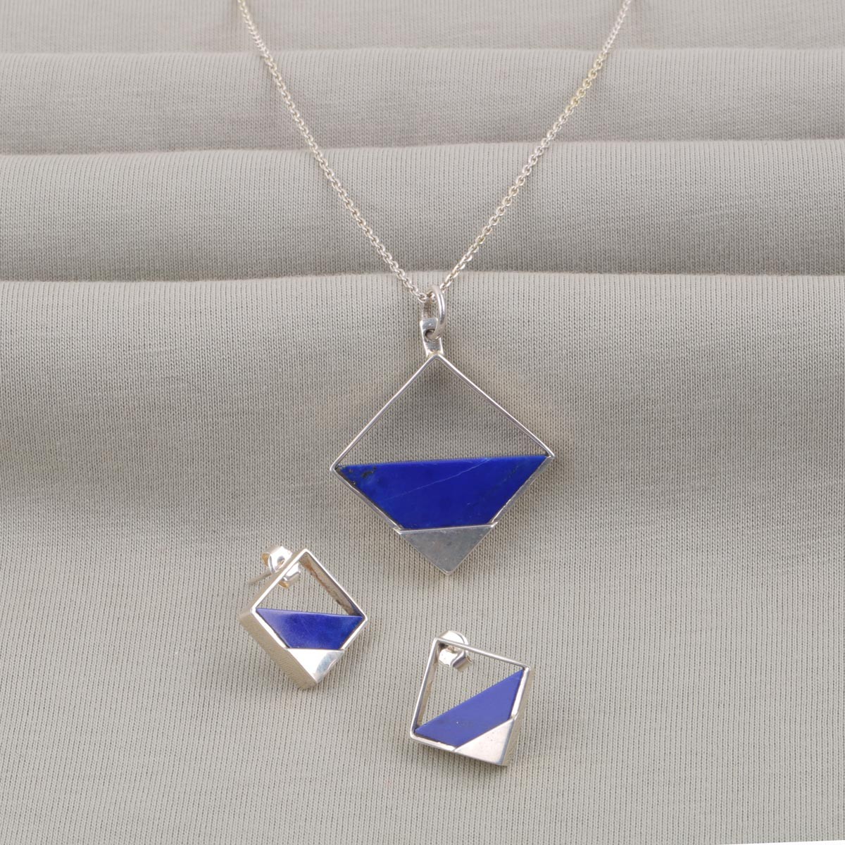 Lapis Lazuli Marquise Jewelry Set | Silver Necklace with Studs 1