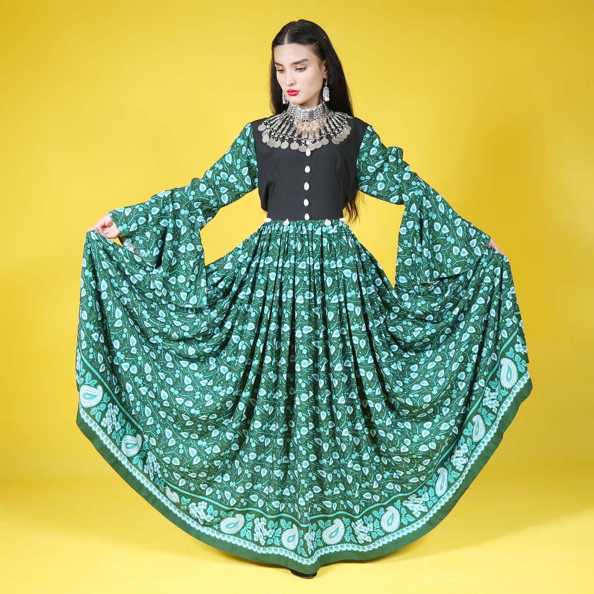 Green Patterned Qamarchin Design Women Long Afghan Dress | Afghani Handmade Clothes Women 1
