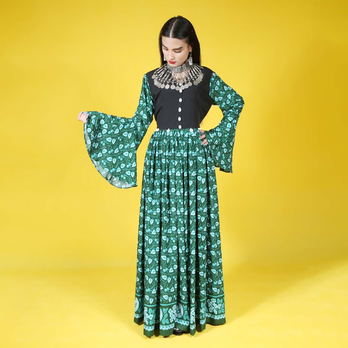 Green Patterned Qamarchin Design Women Long Afghan Dress | Afghani Handmade Clothes Women 2